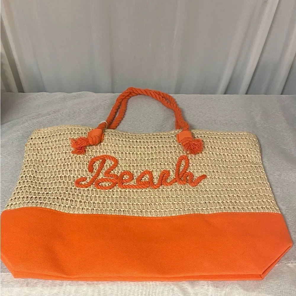NWT‎ Orange Rope Straw Beach Tote Bag